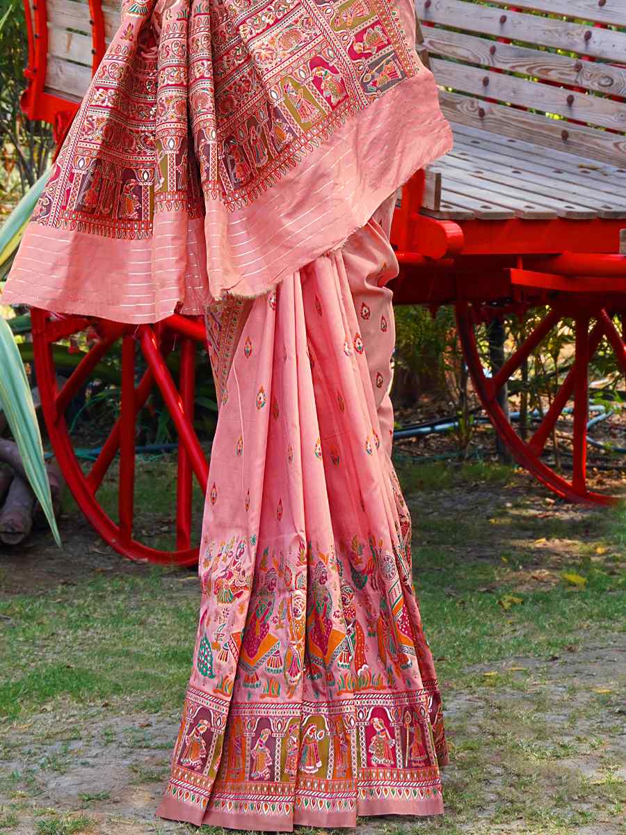 Pink Silk Handwoven Wedding Festival Heavy Border Saree