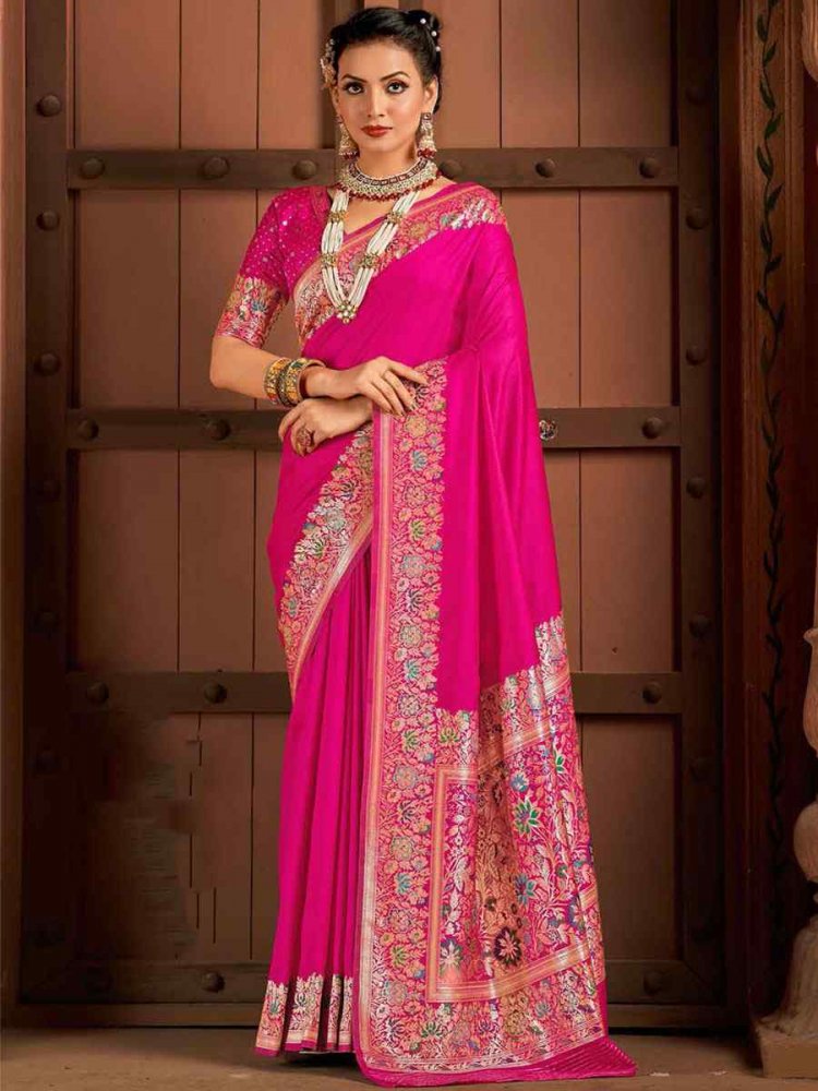 Pink Silk Handwoven Wedding Festival Heavy Border Saree