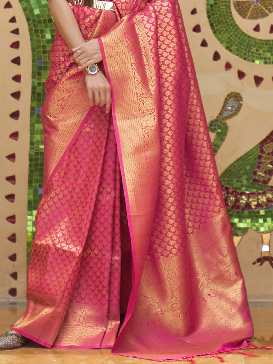 Pink Silk Handwoven Wedding Festival Heavy Border Saree
