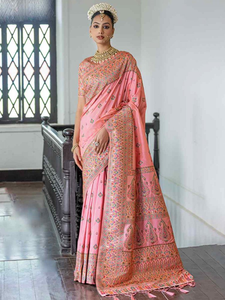 Pink Silk Handwoven Wedding Festival Heavy Border Saree