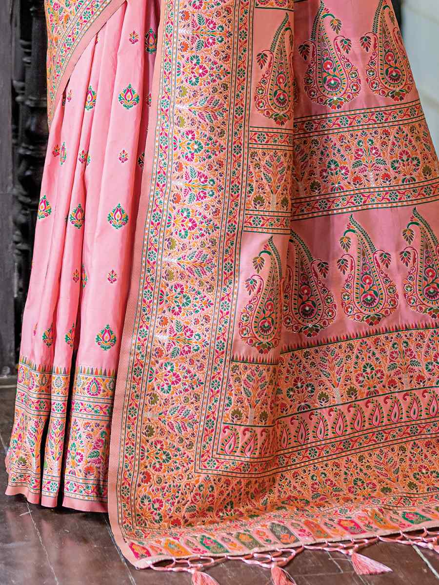 Pink Silk Handwoven Wedding Festival Heavy Border Saree