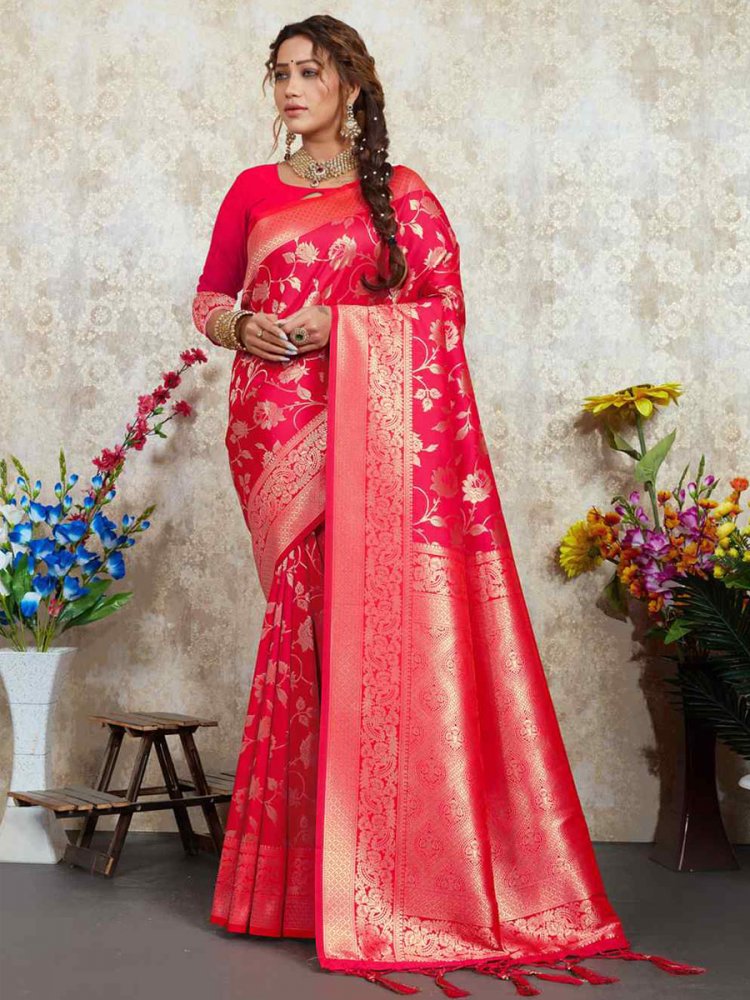 Pink Silk Handwoven Wedding Festival Heavy Border Saree