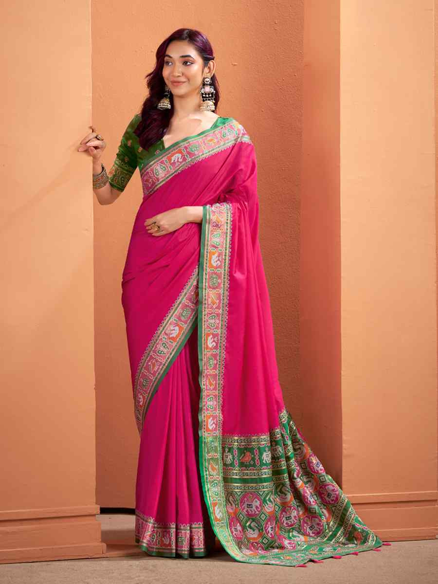 Pink Silk Patola Handwoven Traditional Bridal Reception Festival Wedding Fancy Heavy Border Saree