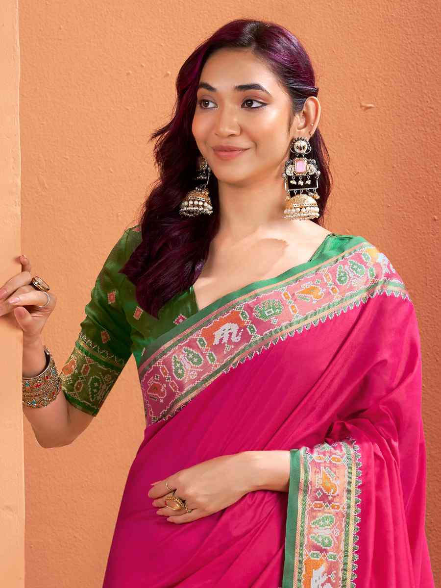 Pink Silk Patola Handwoven Traditional Bridal Reception Festival Wedding Fancy Heavy Border Saree