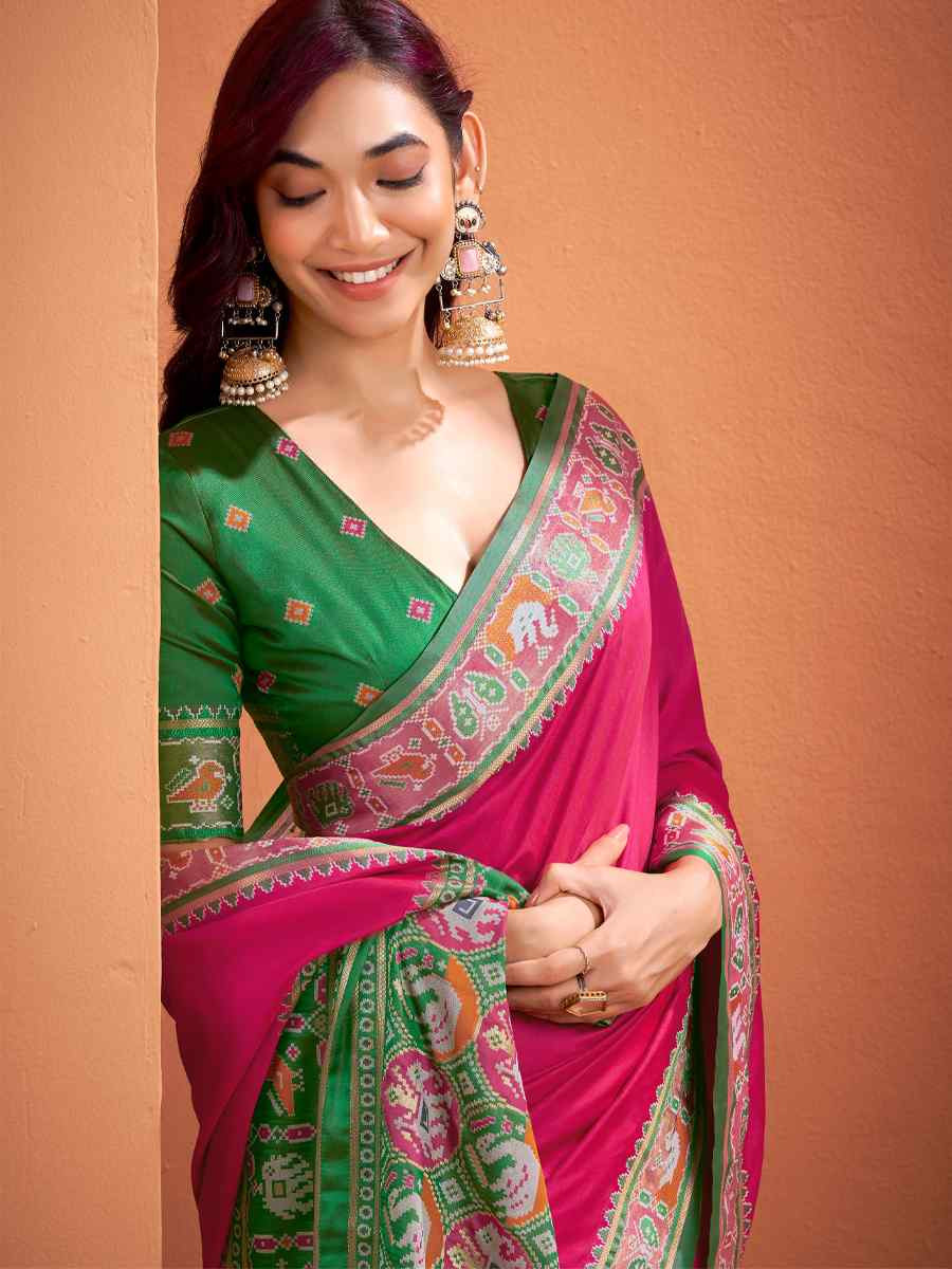 Pink Silk Patola Handwoven Traditional Bridal Reception Festival Wedding Fancy Heavy Border Saree