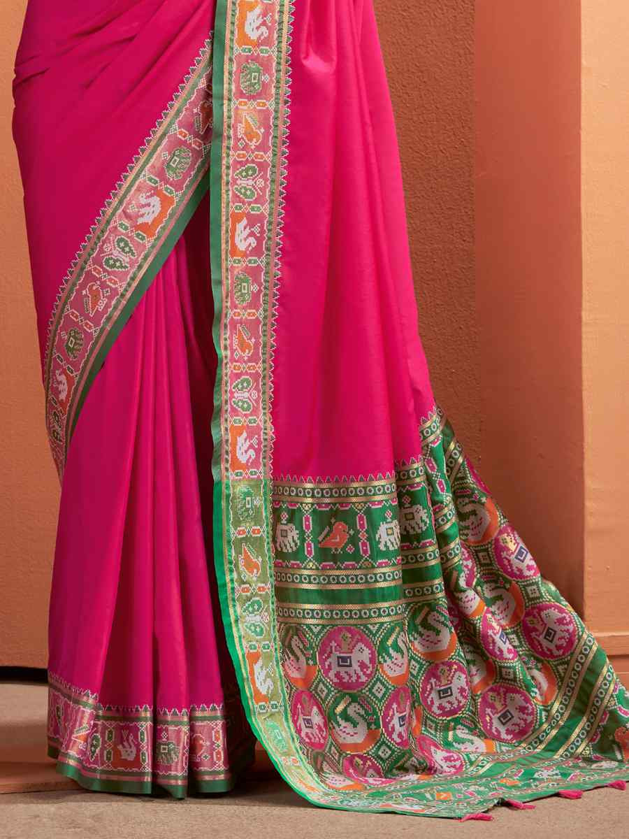 Pink Silk Patola Handwoven Traditional Bridal Reception Festival Wedding Fancy Heavy Border Saree