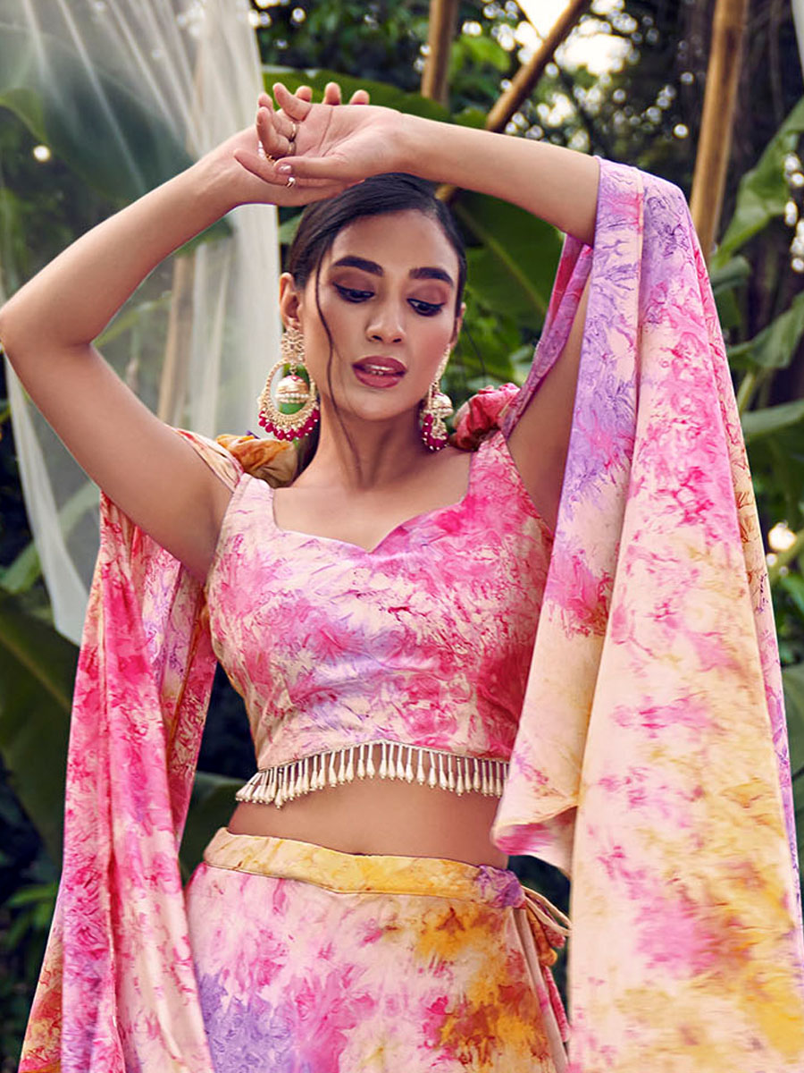 Pink Silk Printed Bridesmaid Wedding Ready Circular Lehenga Choli