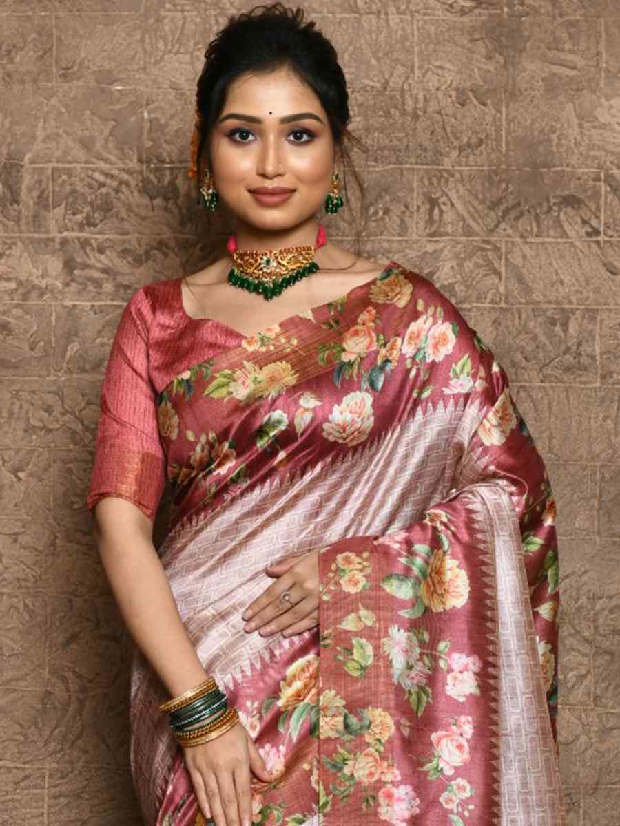 Pink Silk Printed Casual Festival Contemporary Saree