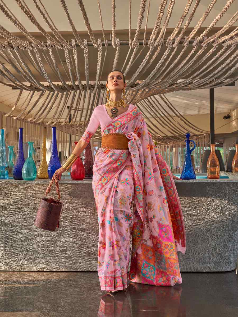 Pink Silk Printed Party Festival Contemporary Saree