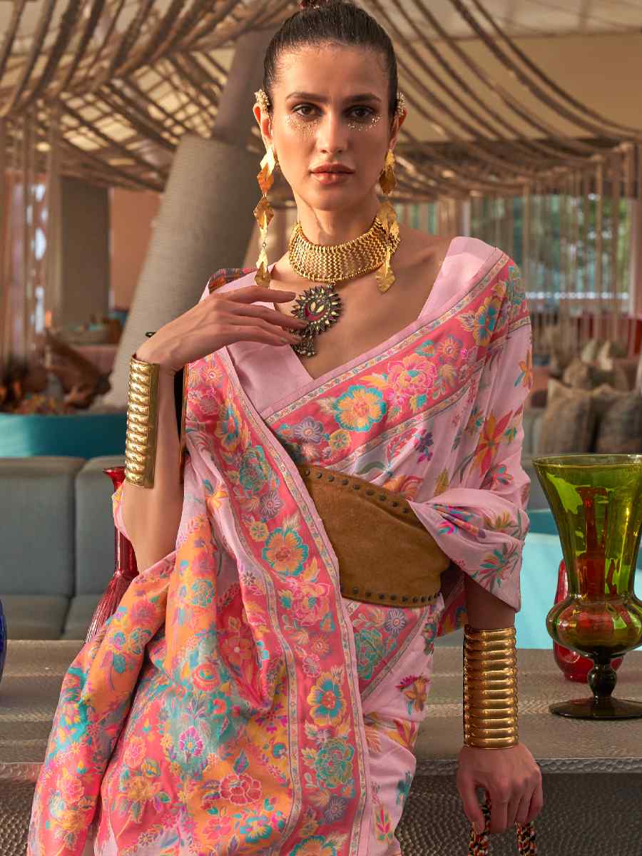 Pink Silk Printed Party Festival Contemporary Saree