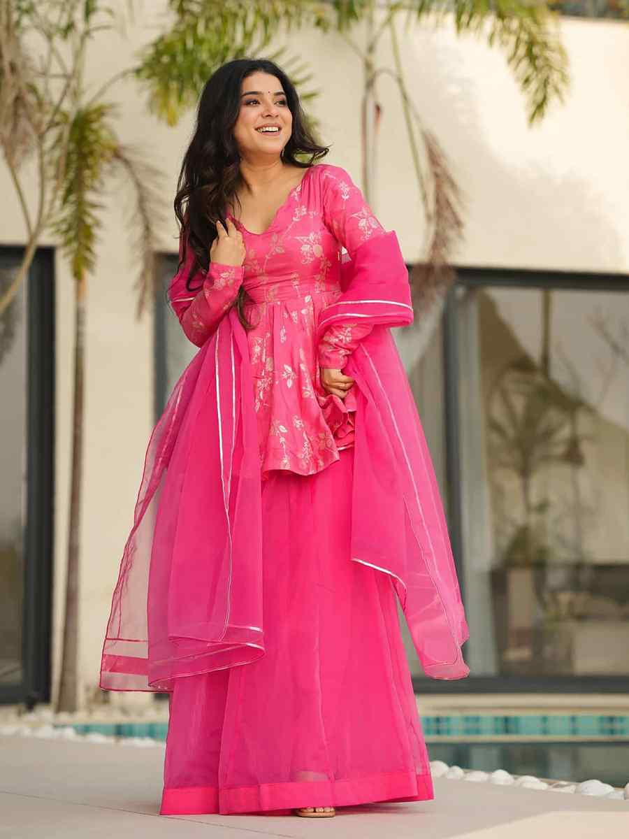 Pink Silk Printed Party Wedding Festival Casual Ready Palazzo Pant Salwar Kameez