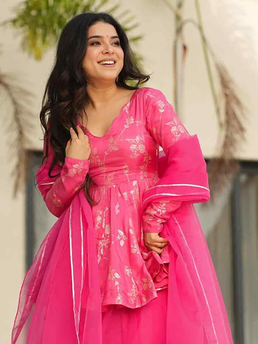 Pink Silk Printed Party Wedding Festival Casual Ready Palazzo Pant Salwar Kameez