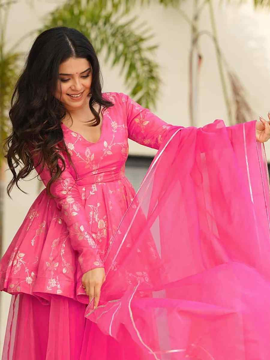 Pink Silk Printed Party Wedding Festival Casual Ready Palazzo Pant Salwar Kameez