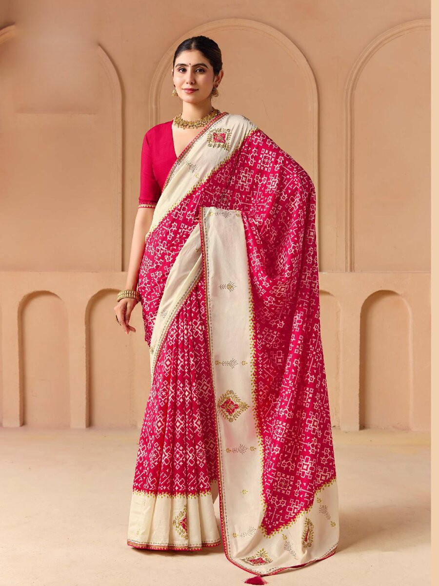 Pink Silk Printed Stone Work Wedding Reception Party Festival Casual Heavy Border Sarees