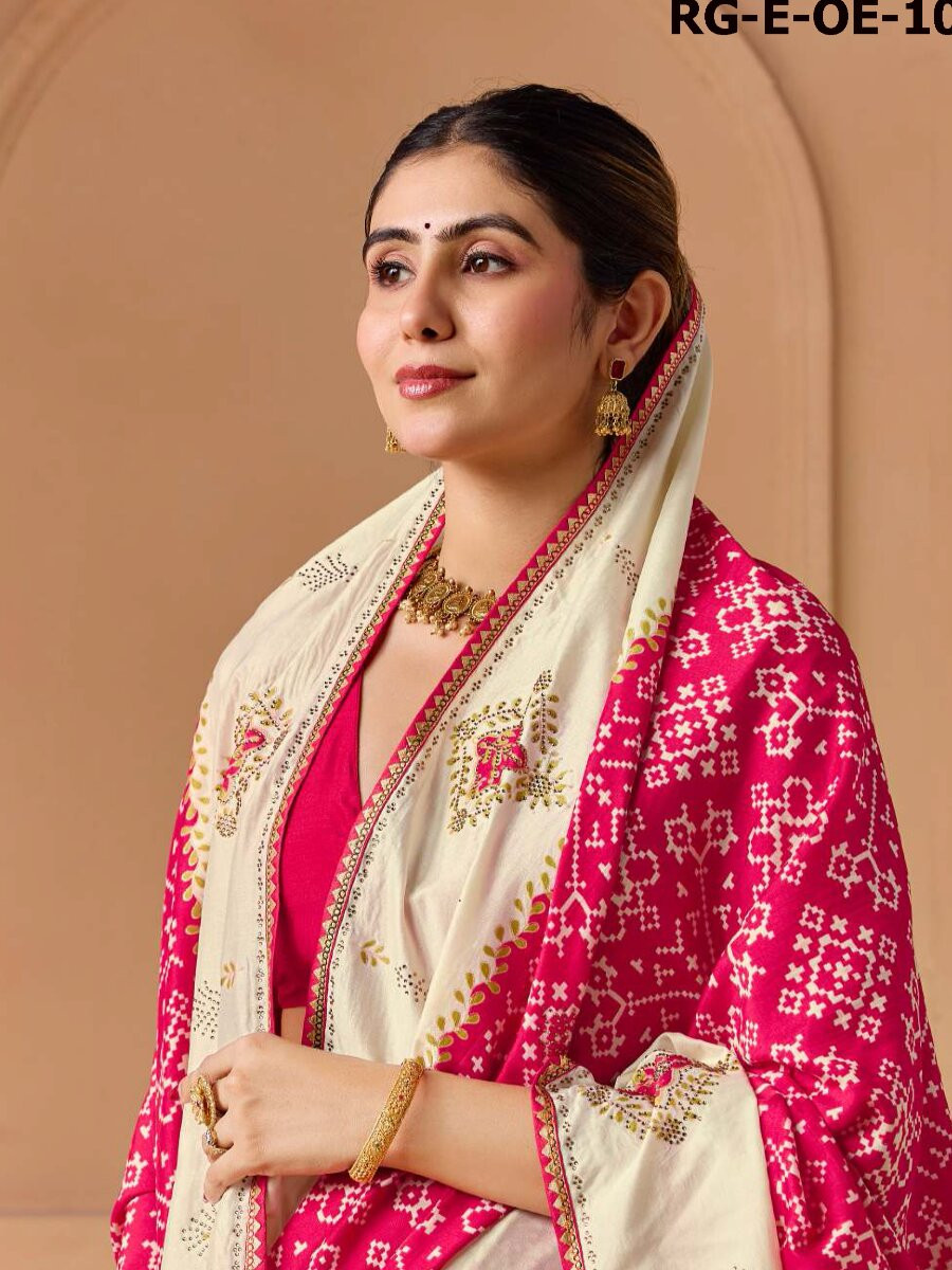 Pink Silk Printed Stone Work Wedding Reception Party Festival Casual Heavy Border Sarees