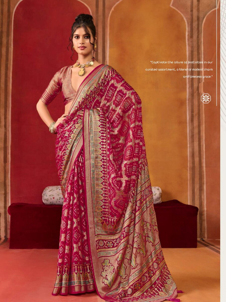 Image of Pink Silk Printed Wedding Reception Party Festival Casual Heavy Border Sarees