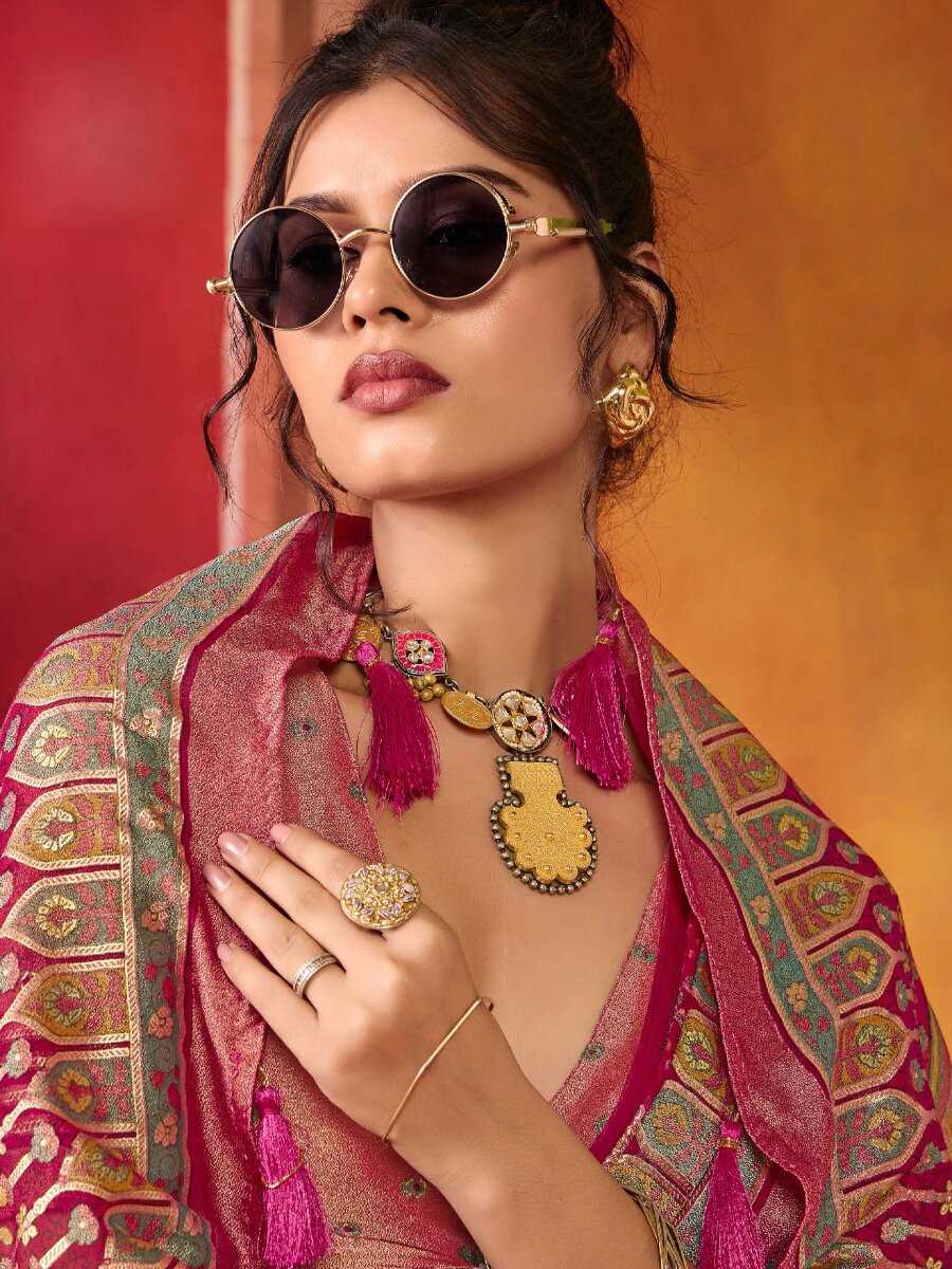 Pink Silk Printed Wedding Reception Party Festival Casual Heavy Border Sarees