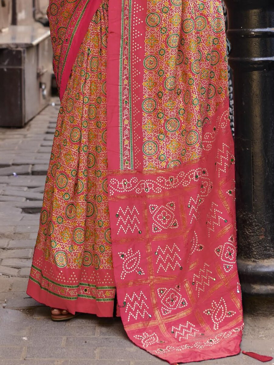 Pink Silk Printed Wedding Reception Party Festival Casual Heavy Border Sarees