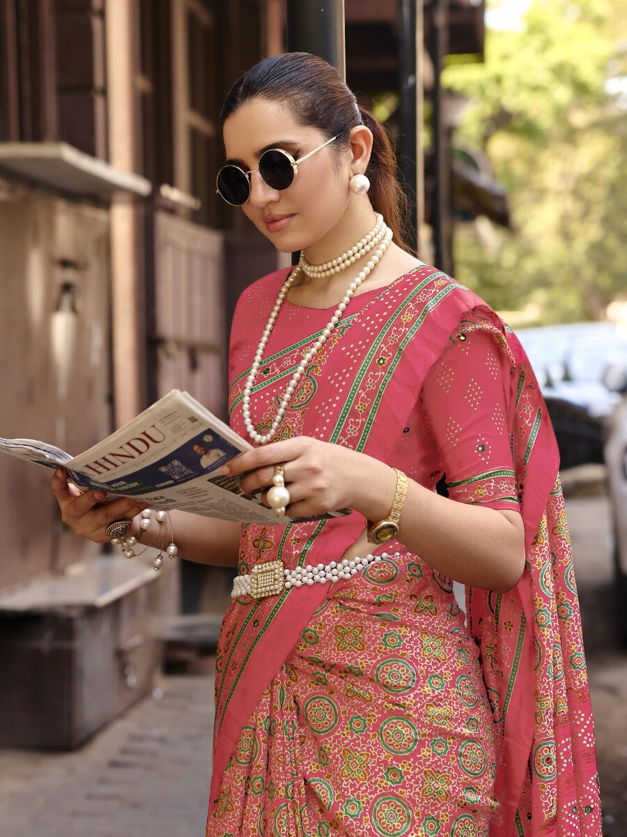 Pink Silk Printed Wedding Reception Party Festival Casual Heavy Border Sarees