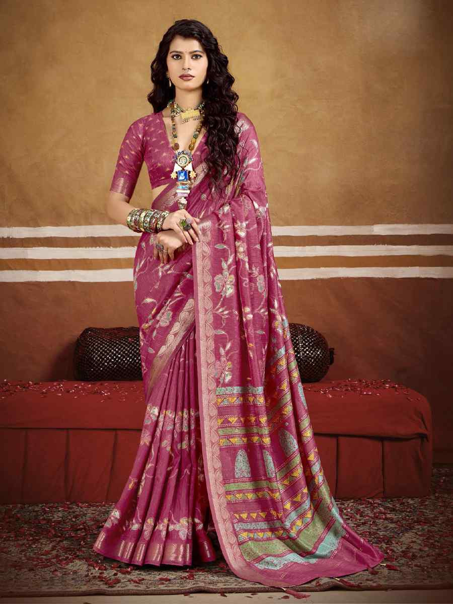 Pink Silk Printed with Handwoven Festival Wedding Fancy Heavy Border Saree