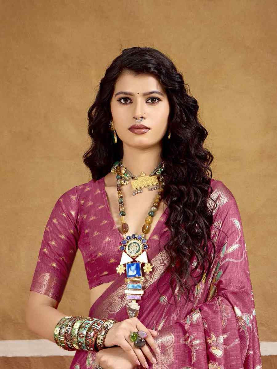 Pink Silk Printed with Handwoven Festival Wedding Fancy Heavy Border Saree