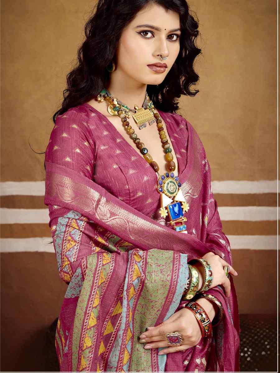 Pink Silk Printed with Handwoven Festival Wedding Fancy Heavy Border Saree