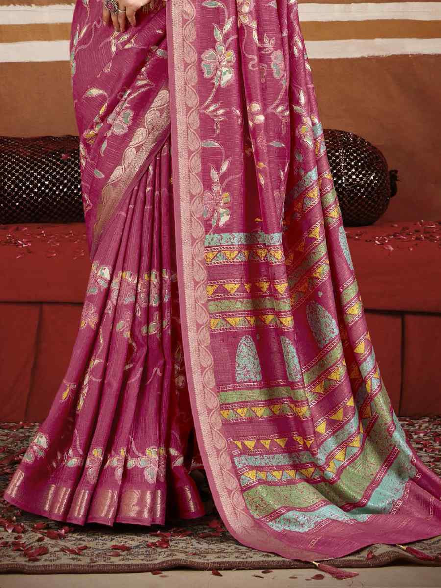 Pink Silk Printed with Handwoven Festival Wedding Fancy Heavy Border Saree