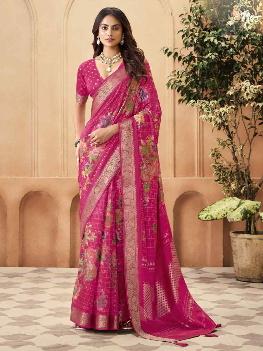 Pink Silk Printed with Handwoven Festival Wedding Fancy Heavy Border Saree