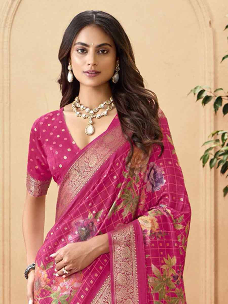 Pink Silk Printed with Handwoven Festival Wedding Fancy Heavy Border Saree