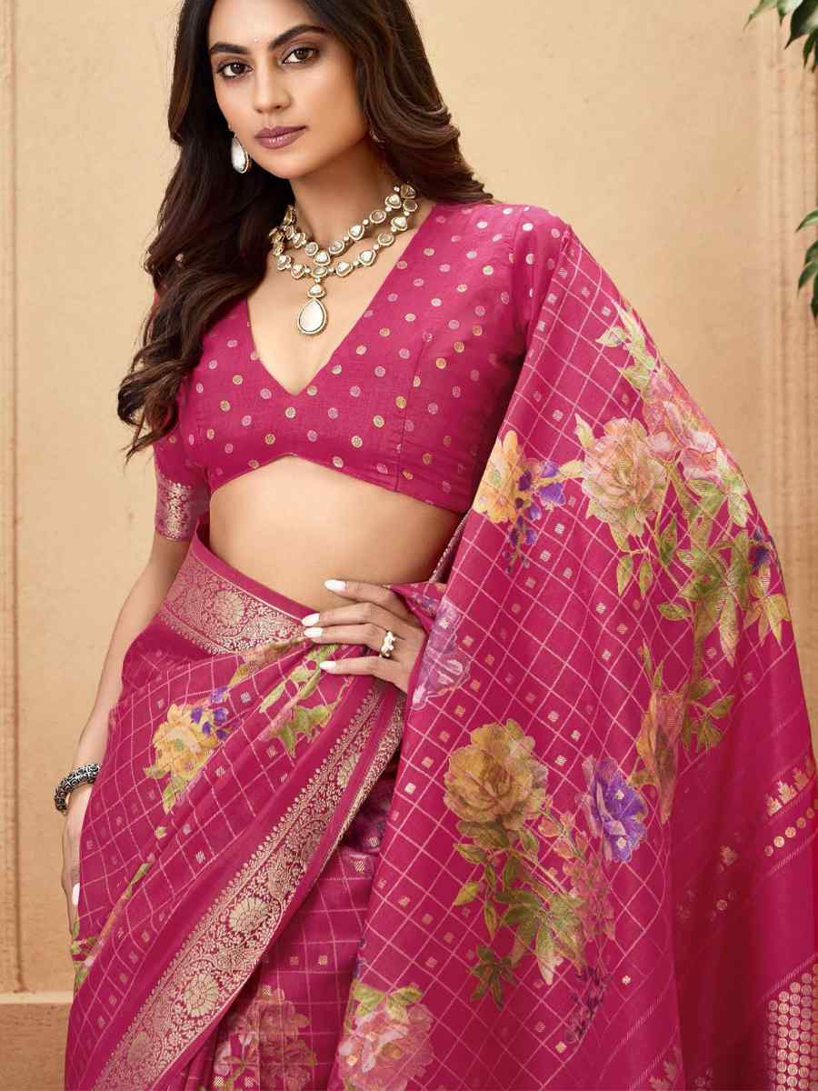 Pink Silk Printed with Handwoven Festival Wedding Fancy Heavy Border Saree