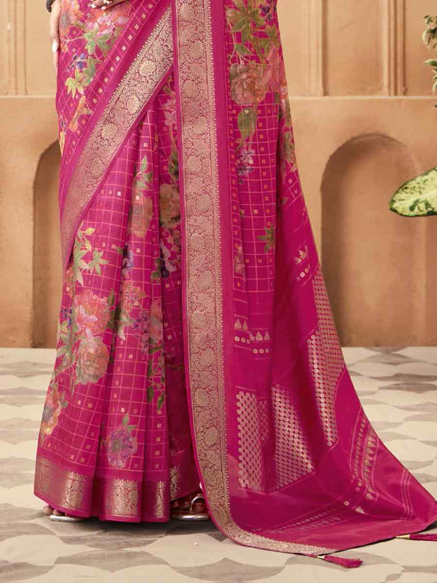 Pink Silk Printed with Handwoven Festival Wedding Fancy Heavy Border Saree