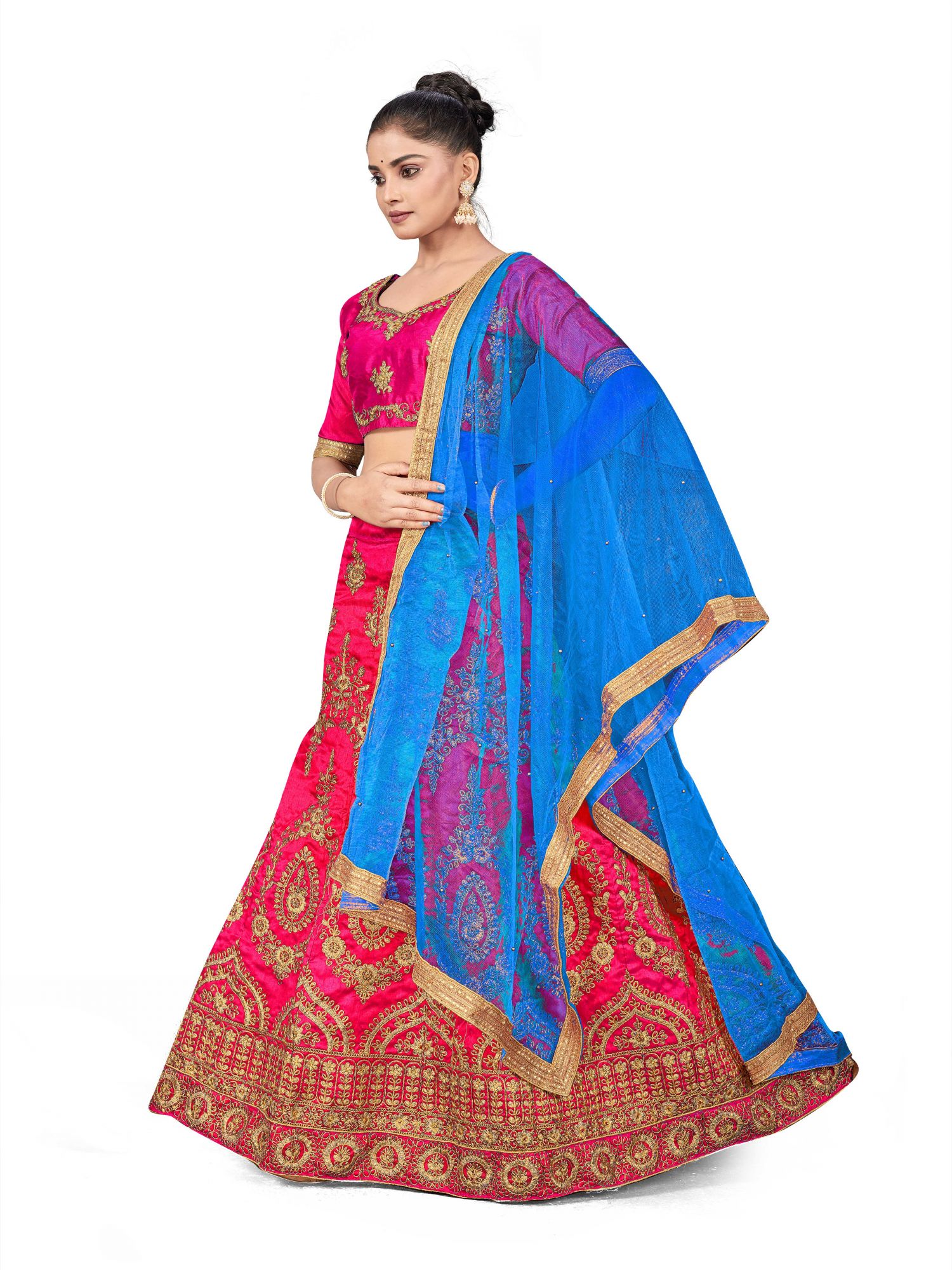 Pink Silk Satin Net Embroidered Festival Wedding Heavy Border Lehenga Choli