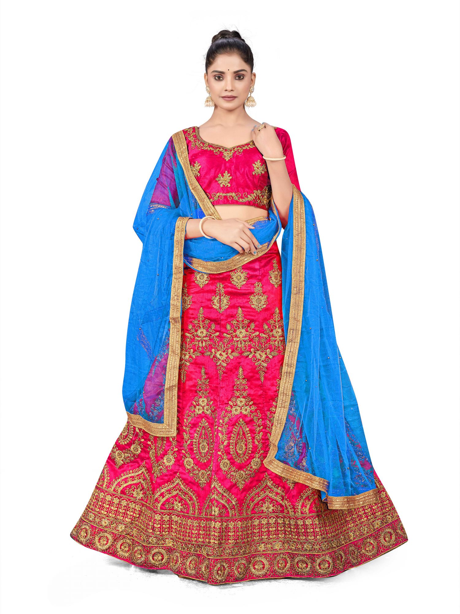 Pink Silk Satin Net Embroidered Festival Wedding Heavy Border Lehenga Choli
