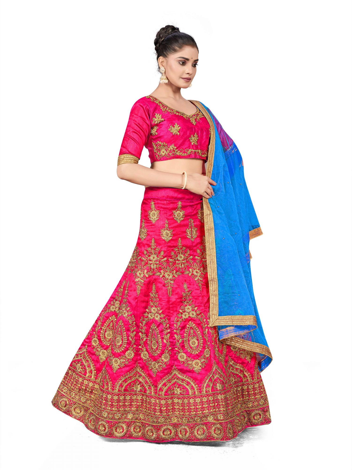 Pink Silk Satin Net Embroidered Festival Wedding Heavy Border Lehenga Choli