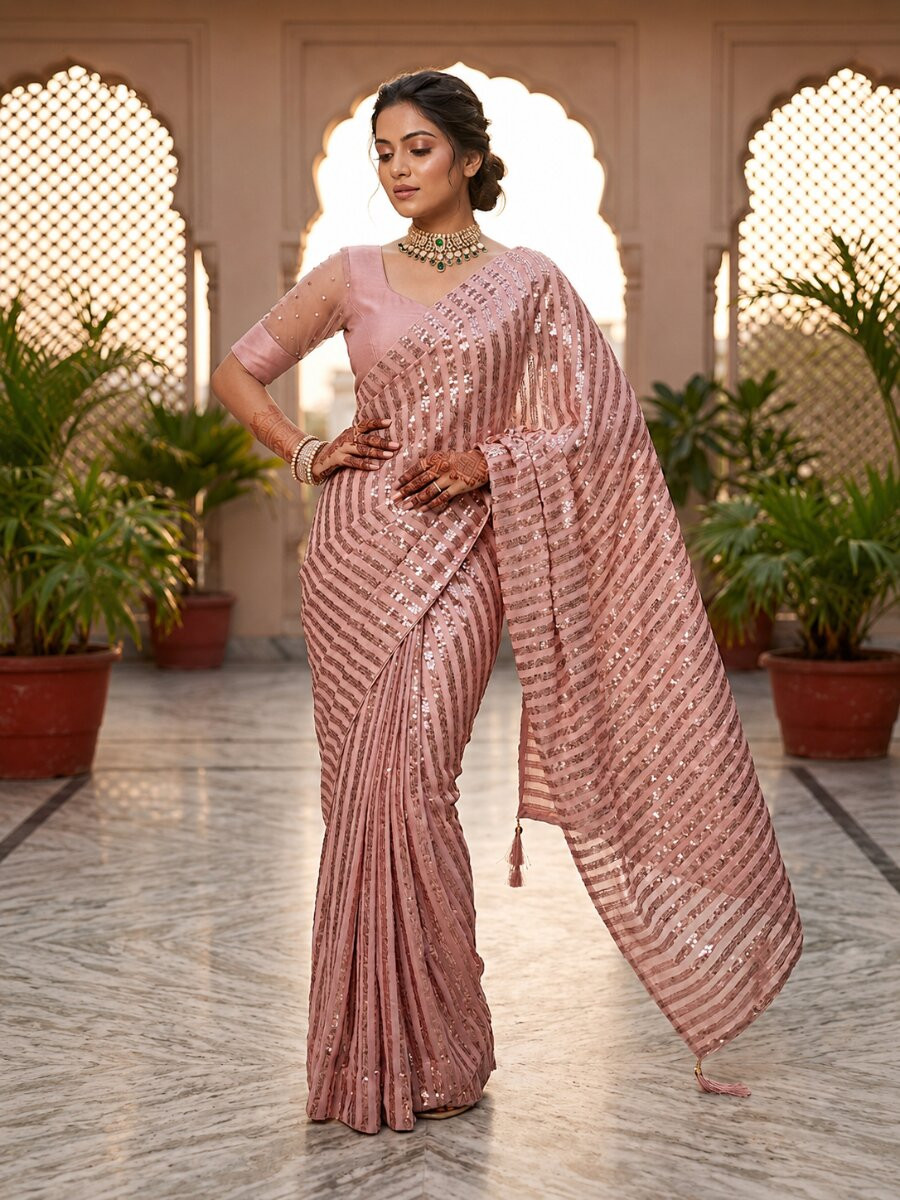 Pink Silk Sequins Wedding Reception Party Festival Casual Heavy Border Sarees