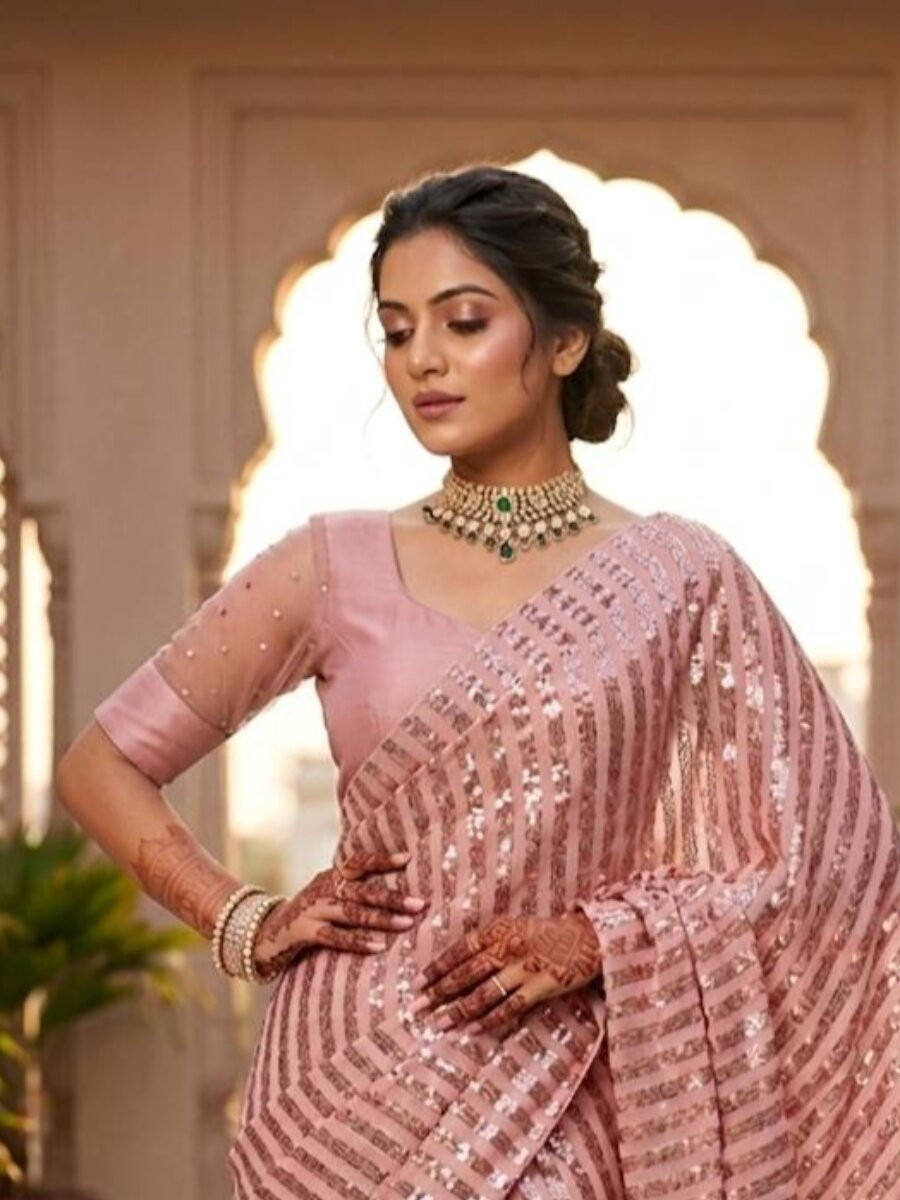 Pink Silk Sequins Wedding Reception Party Festival Casual Heavy Border Sarees