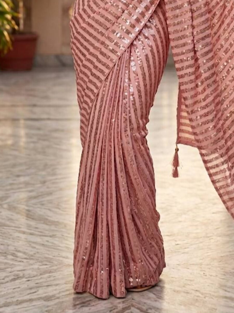 Pink Silk Sequins Wedding Reception Party Festival Casual Heavy Border Sarees