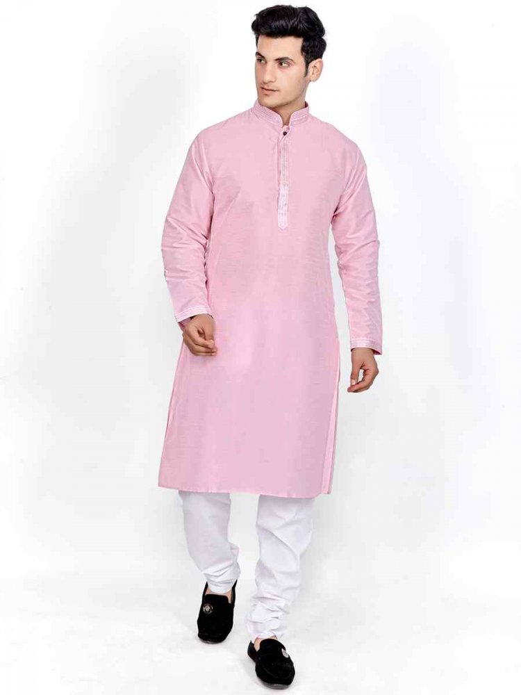 Pink Silk Woven Festival Kurta