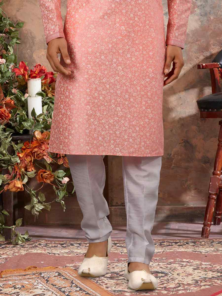 Pink Silk Woven Festival Party Kurta