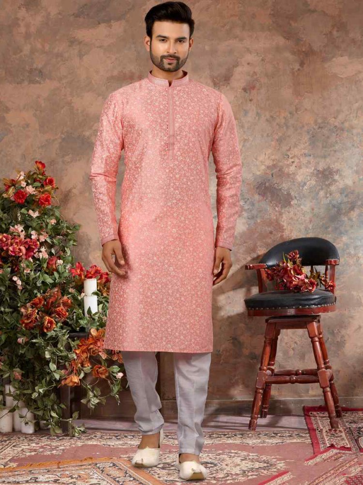 Pink Silk Woven Festival Party Kurta