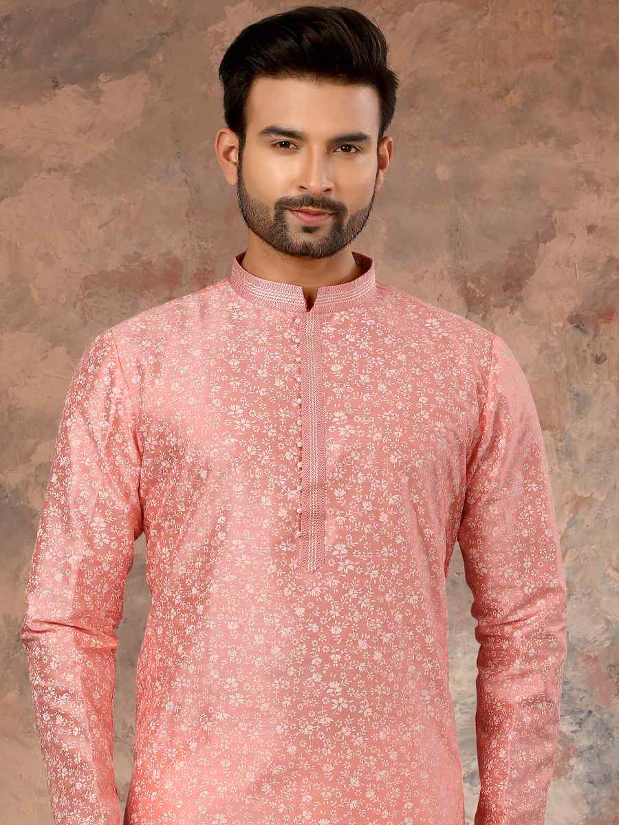 Pink Silk Woven Festival Party Kurta