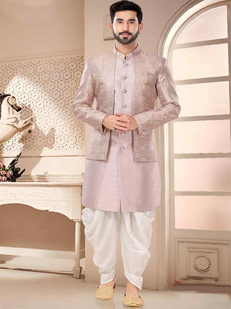 Pink Silk Woven Festival Wedding Kurta
