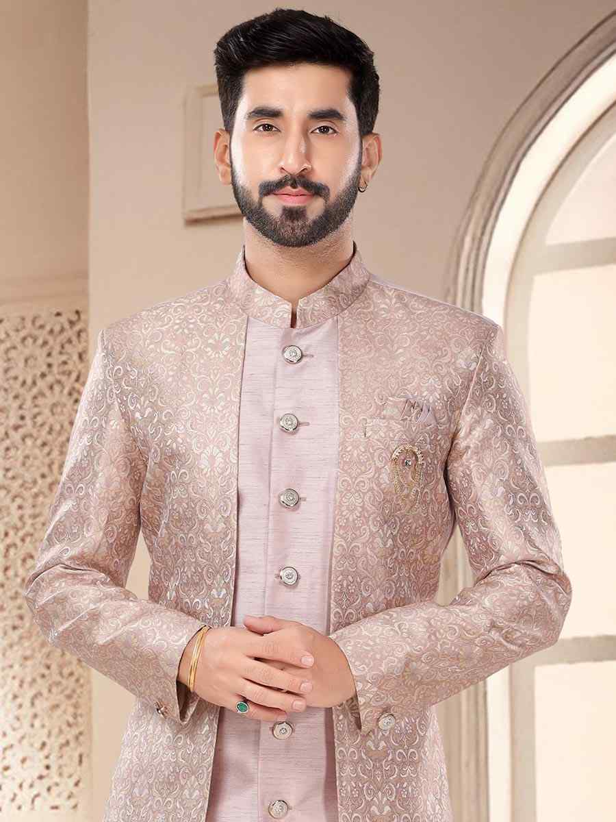 Pink Silk Woven Festival Wedding Kurta