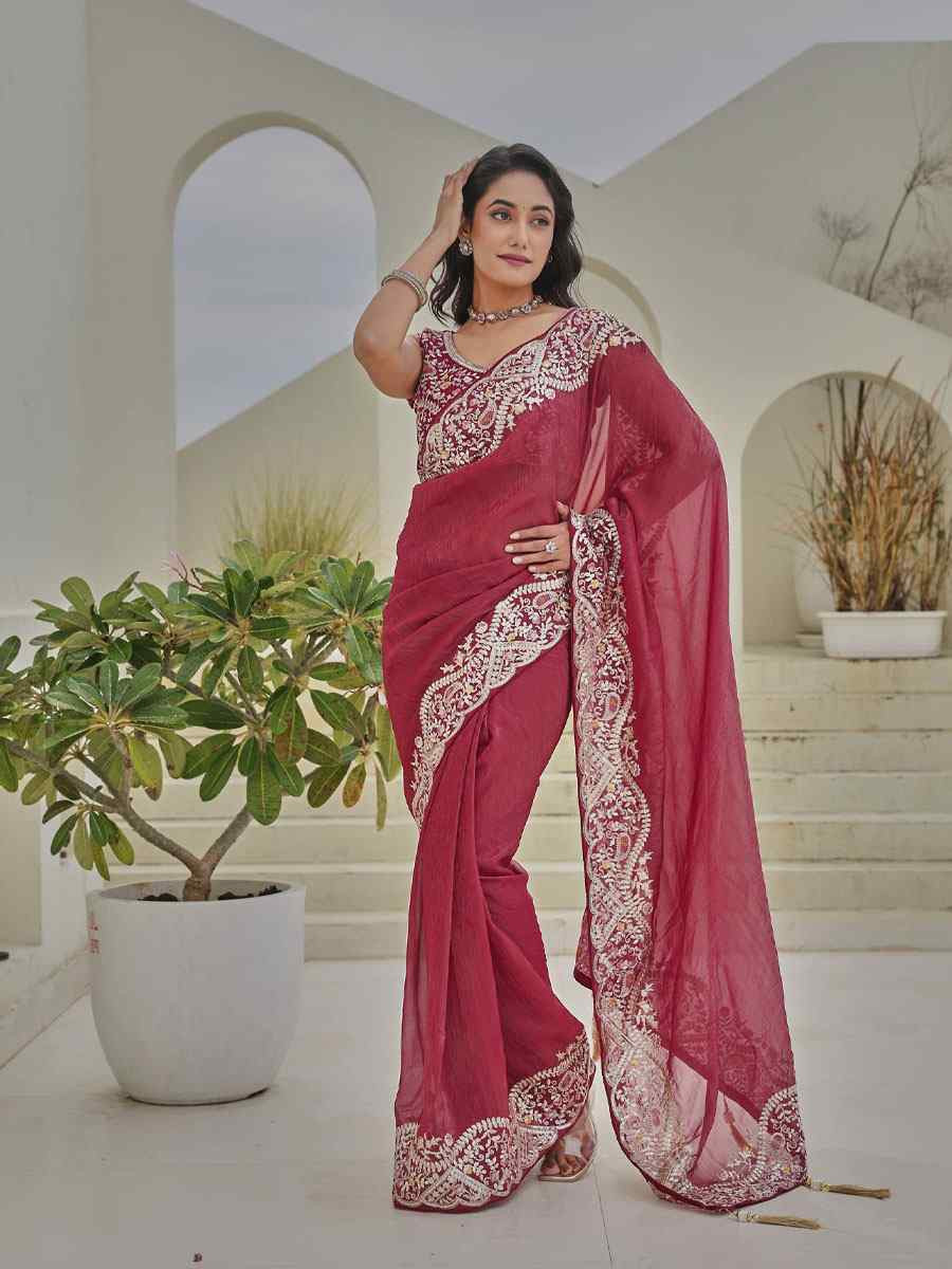 Pink Silver Crunchi Silk Embroidery Traditional Bridal Reception Festival Wedding Fancy Heavy Border Saree