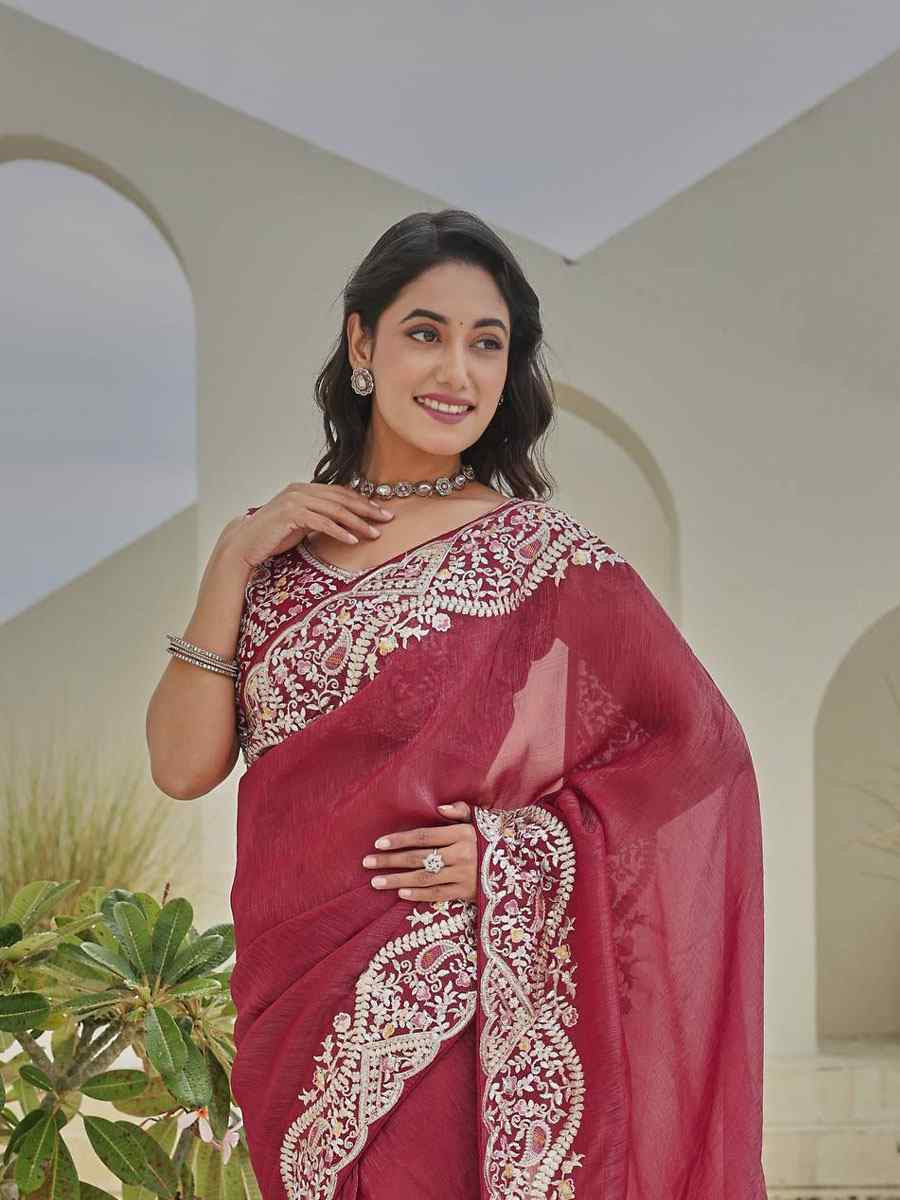 Pink Silver Crunchi Silk Embroidery Traditional Bridal Reception Festival Wedding Fancy Heavy Border Saree