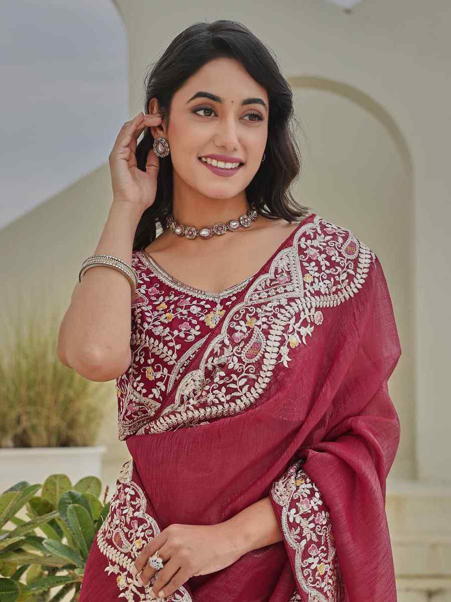 Pink Silver Crunchi Silk Embroidery Traditional Bridal Reception Festival Wedding Fancy Heavy Border Saree