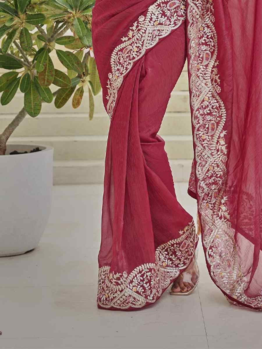 Pink Silver Crunchi Silk Embroidery Traditional Bridal Reception Festival Wedding Fancy Heavy Border Saree