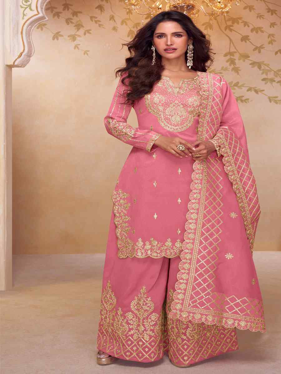 Pink Simar Silk Embroidery Party Wedding Festival Casual Ready Palazzo Pant Salwar Kameez