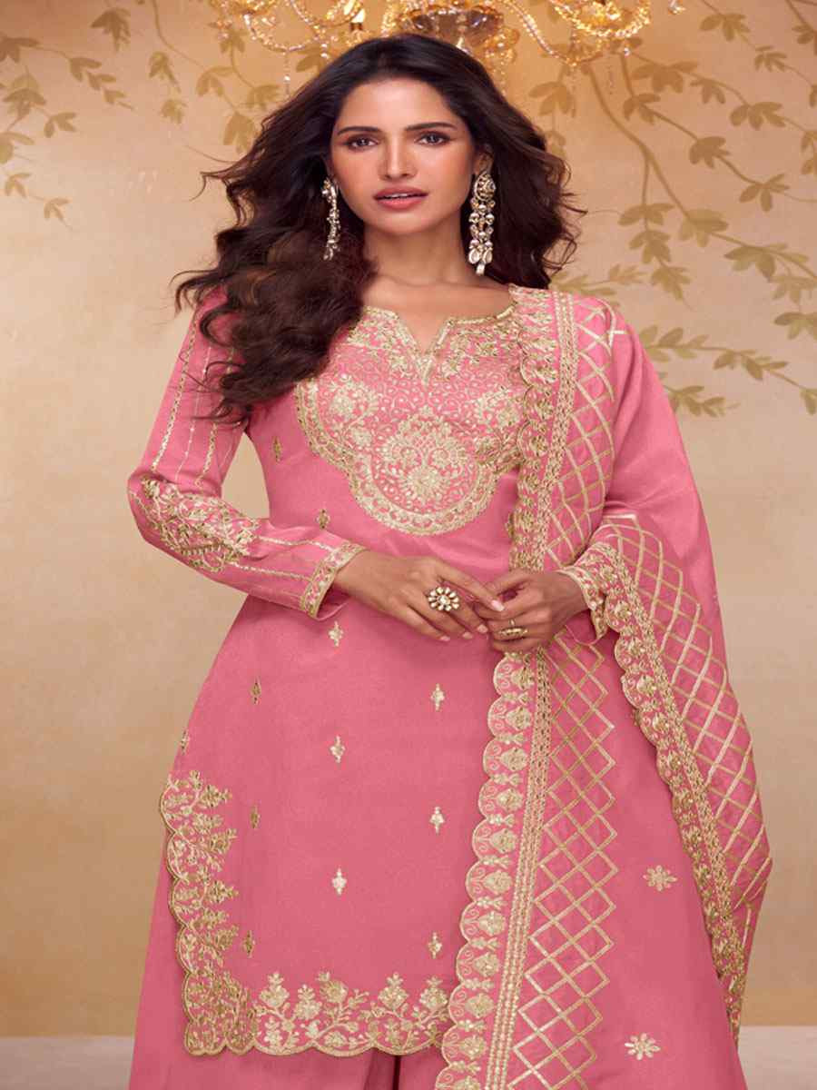 Pink Simar Silk Embroidery Party Wedding Festival Casual Ready Palazzo Pant Salwar Kameez