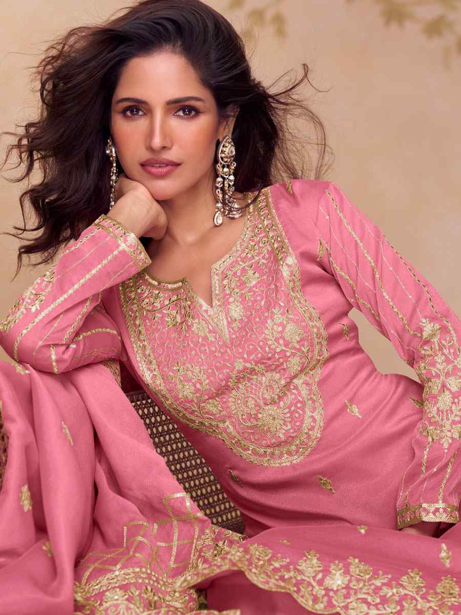 Pink Simar Silk Embroidery Party Wedding Festival Casual Ready Palazzo Pant Salwar Kameez